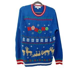 Jolly Sweaters Sz L Unisex Blue Knit Reindeer Tree Snowflake Ugly Christmas